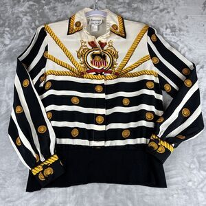 Vtg Francesca of Damon Silk Blouse Women's 4 White Black Stripe Coin Rope (0952)